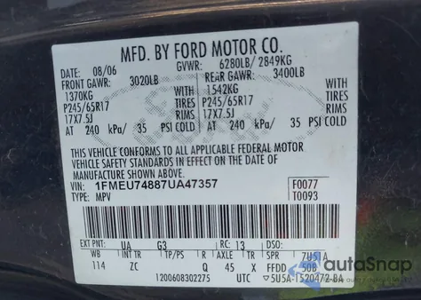 2007 Ford Explorer Eddie Bauer from USA, damaged, VIN 1FMEU74887UA47357